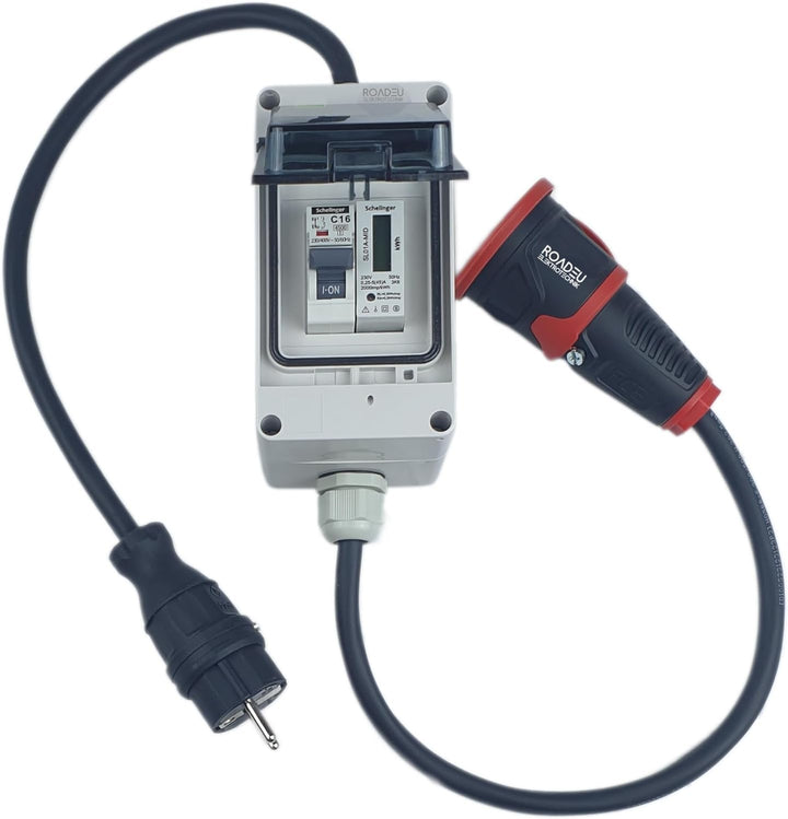 RoadEu - Schuko Adapter Komplett mit Zähler - Stecker 230V 16A auf Schuko Kupplung 230V - 3x2 5mm2 K