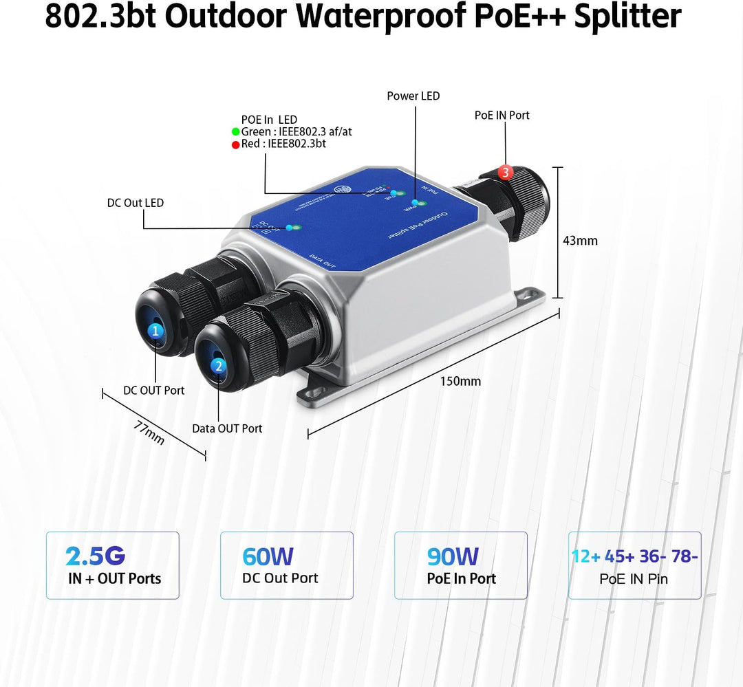 MokerLink IP67 Outdoor 2.5 Gigabit PoE Splitter, 10/100/1000/2500Mbps, IEEE 802.3 af/at/bt PoE in, D