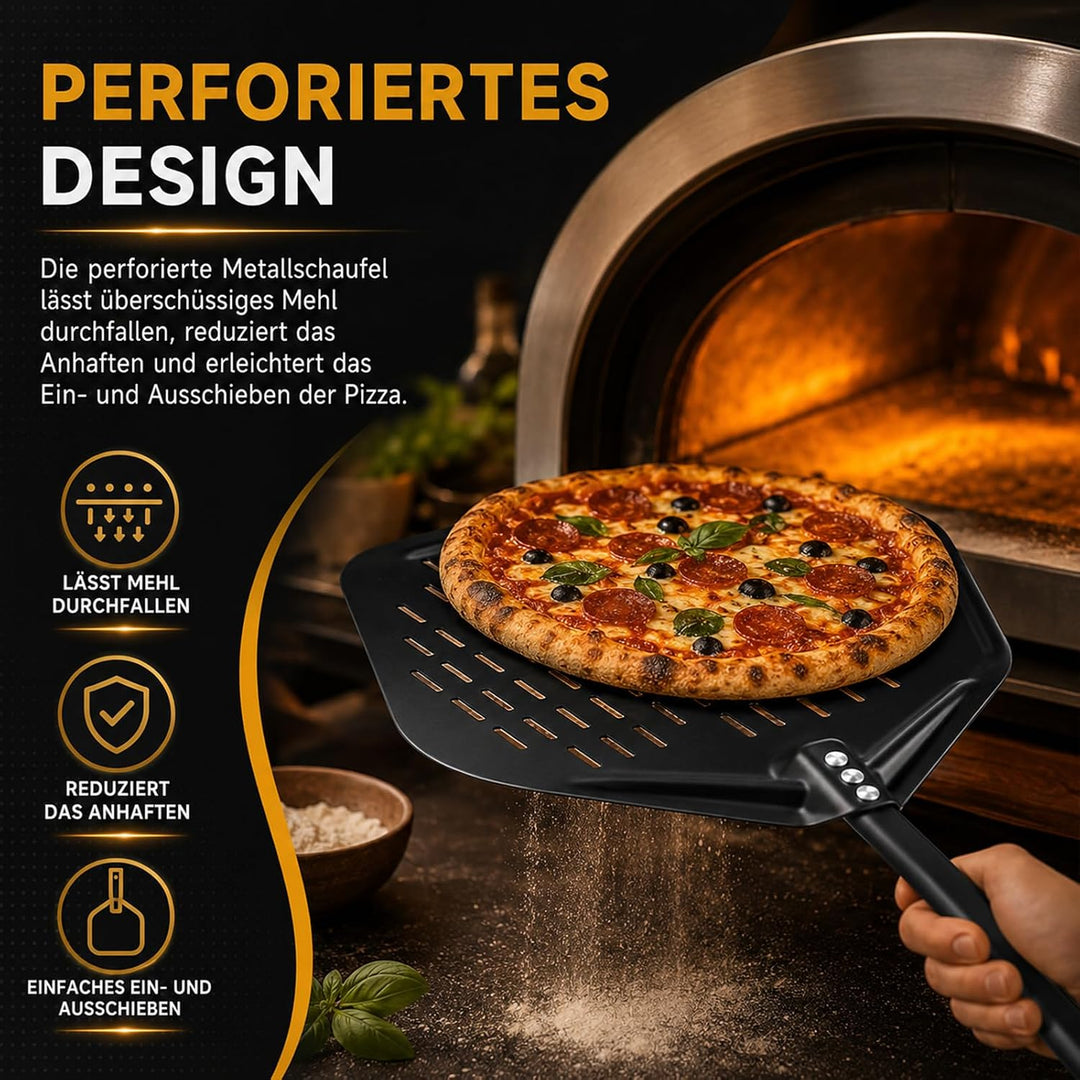 Pizzaschieber Set mit Perforiertem Schieber &amp; Pizzaschneider, Antihaft Beschichtung, Pizza Wiegemess