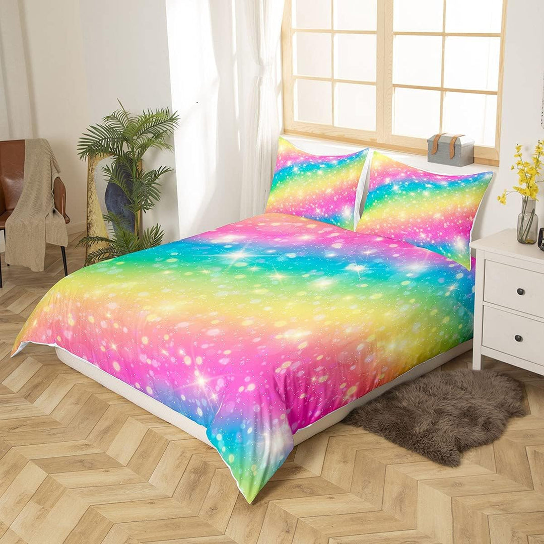 Regenbogen Farbe Tröster Bezug Set Mädchen Kinder Blingling Dekor Bettwäsche-Set Niedlichen Karikatu