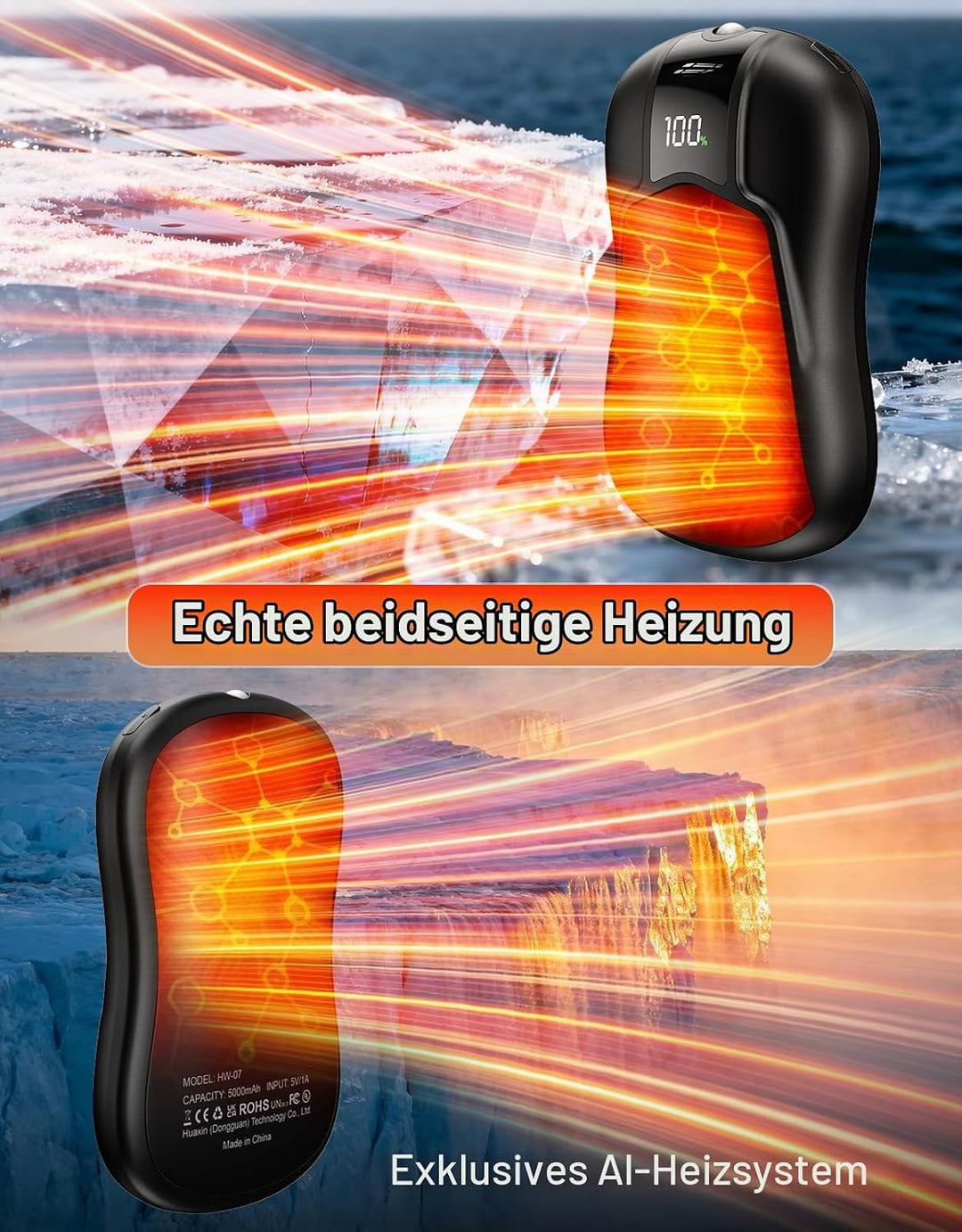 2er-Pack Hand Warmers, Wiederaufladbar mit 10000mAh Elektrische Handwärmer mit Doppelseitiger Heizun