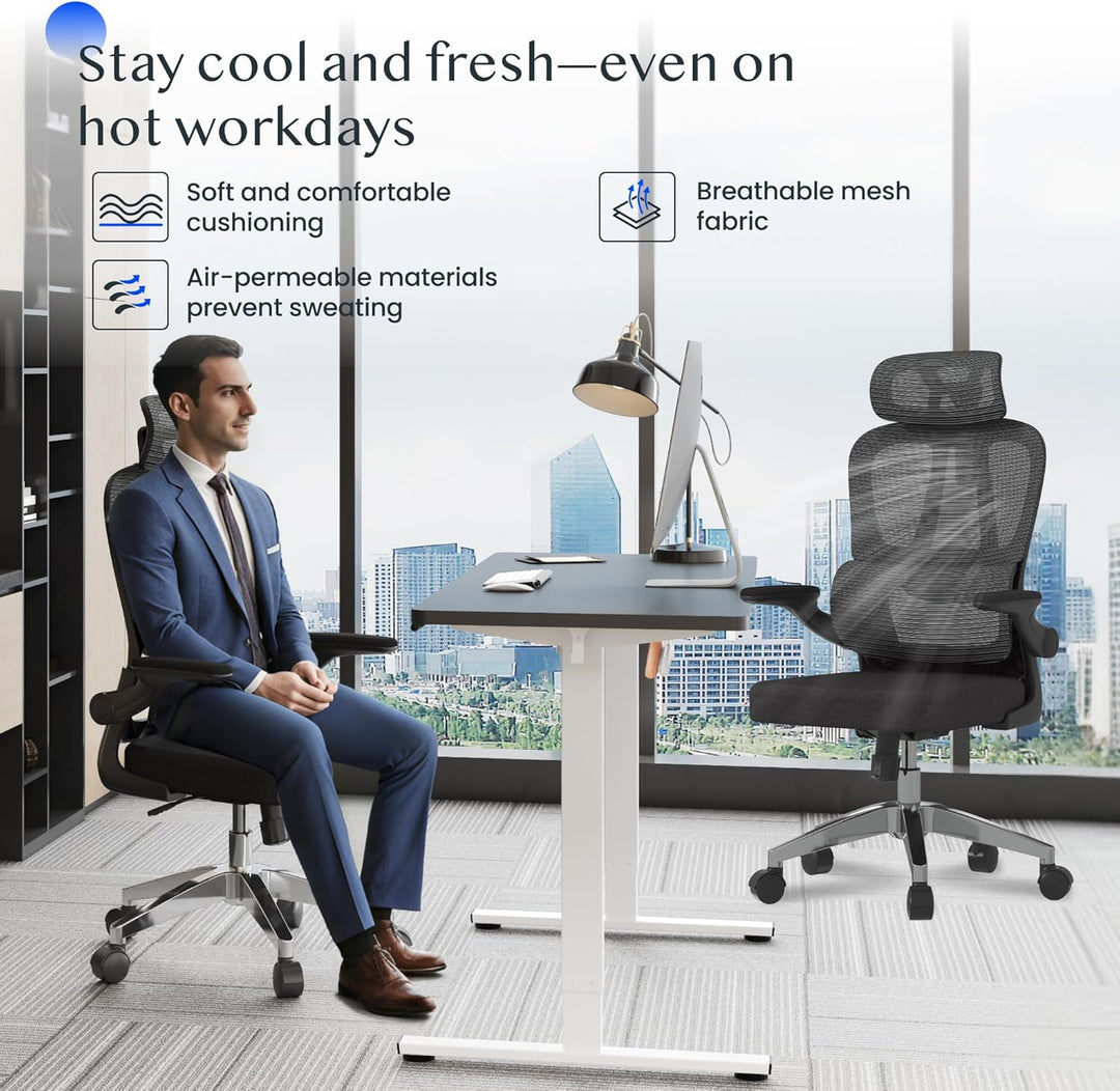 FLEXISPOT Ergonomischer Bürostuhl, Schreibtischstuhl mit 2D-Kopfstütze, Klappbare Armlehnen & Dynami
