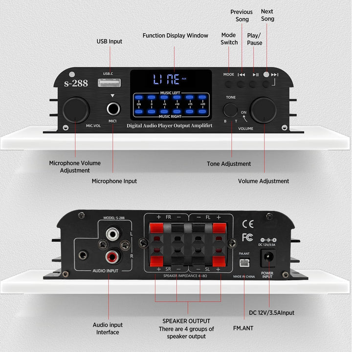 4.1-Kanal Verstärker, 1200W Mini HiFi Stereo Verstärker, Bluetooth 5.0 für Heimlautsprecher 35W x 4