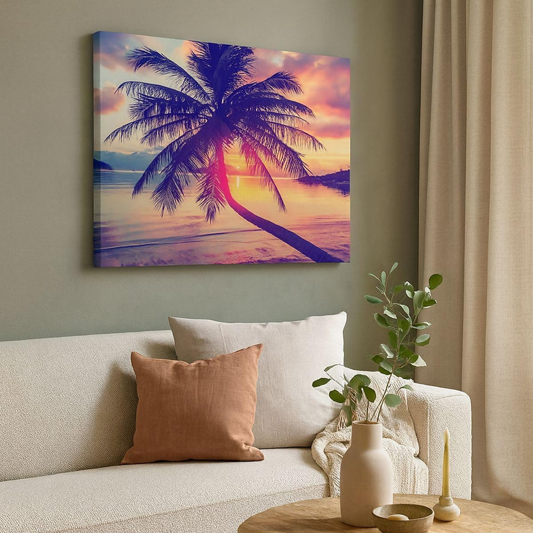 Bilder auf Leinwand 100x70cm Leinwandbild mit Rahmen Meer Strand Palme Gross Wanddeko Bild Schlafzim
