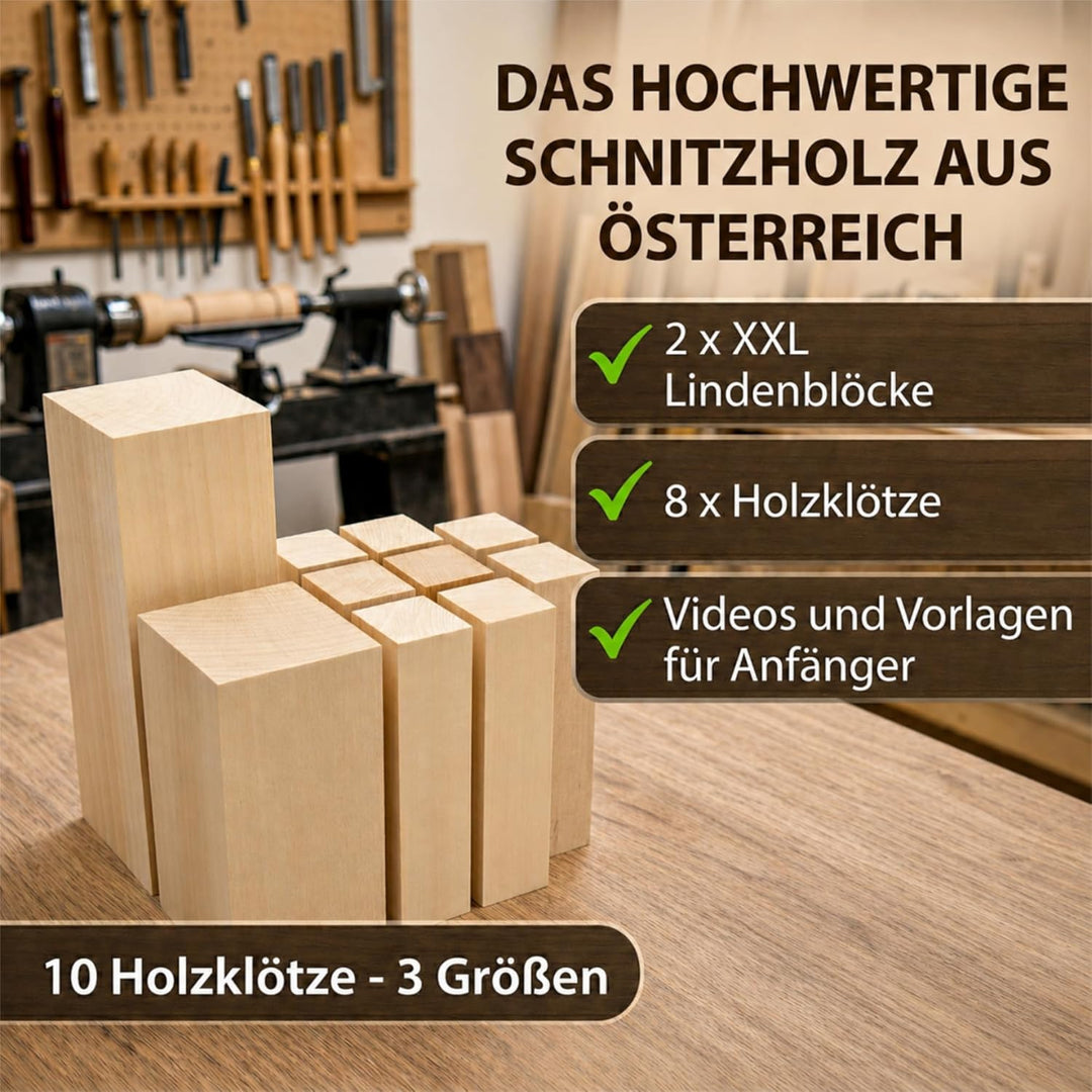 Edpas Schnitzholz Linde - Mix Set Gross 20x7x7cm + 6 kleine Holzblöcke + Schnitzvorlagen - weiches L