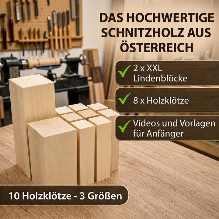 Edpas Schnitzholz Linde - Mix Set Gross 20x7x7cm + 6 kleine Holzblöcke + Schnitzvorlagen - weiches L