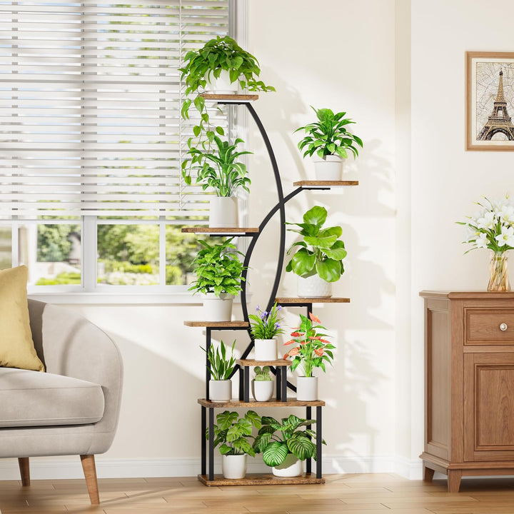 JUSTOGO Blumenständer Pflanzenständer mit Wachstumslichtern - 8 Etagen Pflanzenregal Indoor aus Holz