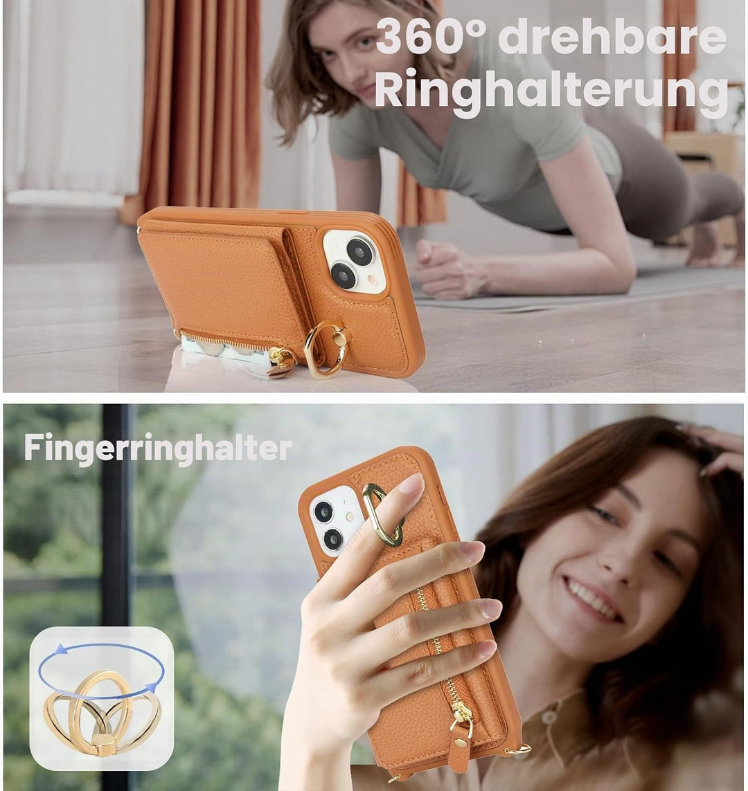 ELTEKER Handyhülle für iPhone 13 Mini Hülle mit Band Kartenfach Ringhalterung Geldbörse,Leder Klapph