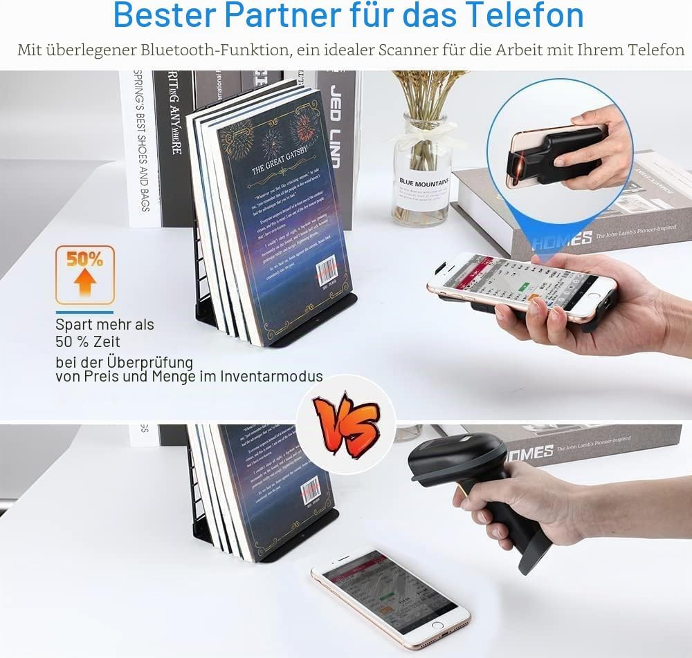 Eyoyo 2D Bluetooth Barcode Scanner, Kabelloser 1D QR Barcode Leser mit Rückenclip für Mobilgeräte, A