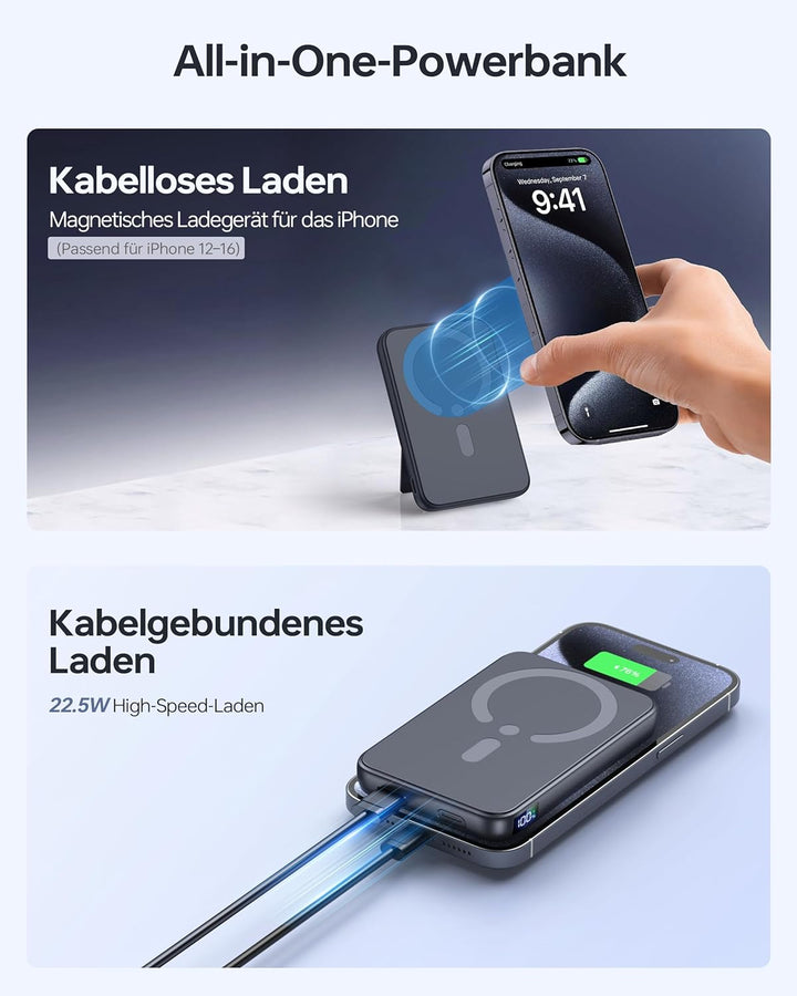 Powerbank für Magsafe, 12000mAh Magnetische Power Bank, PD 22.5W USB-A Ausgabe, Kabelloses Tragbares