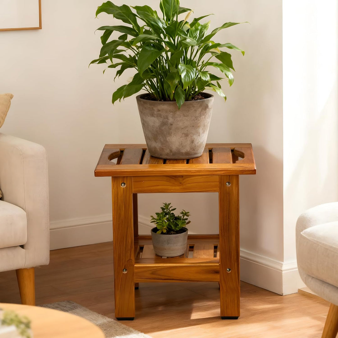 VaeFae Duschbank aus Teakholz Kleiner Badhocker Hocker, Zweistufiger Duschhocker aus Holz, Badezimme