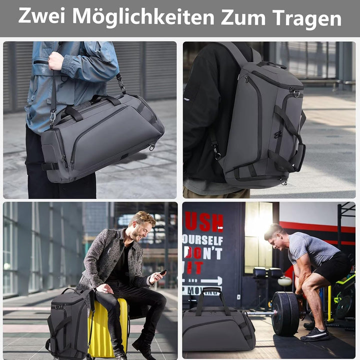 Sporttasche Herren mit Schuhfach Nassfach Gross 40L Reisetasche Rucksack Grau Duffel Fitness Bag Tra
