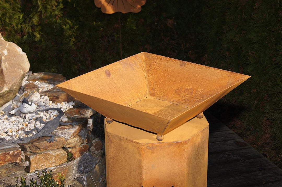 8-Eck Säule Alpaka + Schale Classic Edelrost Rost Metall Gartendeko Garten Stele