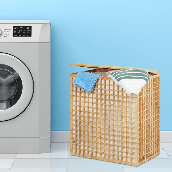 Relaxdays Wäschesammler 2 Fächer, eckige Wäschetruhe mit Wäschesack, Wäschesortierer mit 96 L, HBT: