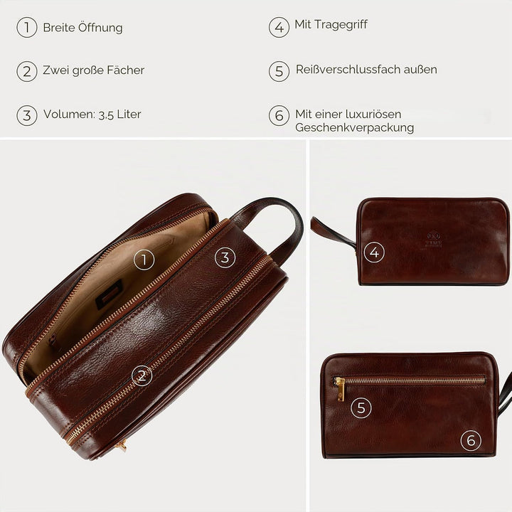 Kulturbeutel Leder Herren - Kosmetikbeutel - Waschtasche für Männer - 100% Echtleder - Hochwertige K