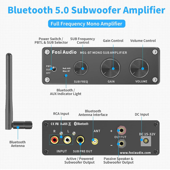 Fosi Audio M01-BT HiFi Subwoofer Verstärker 300W, TDA7498E Bluetooth 5.0 Monokanal Subwoofer-Verstär