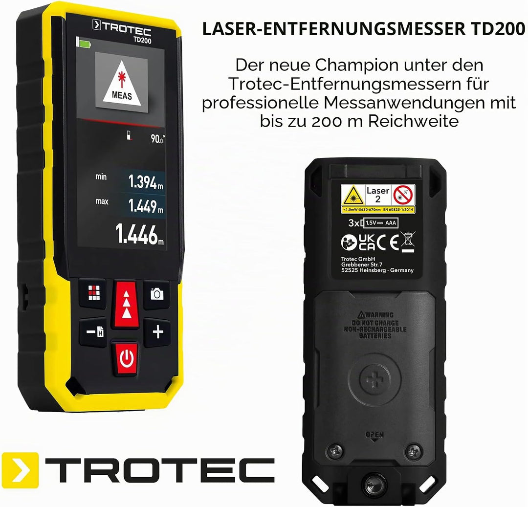 TROTEC Laser-Entfernungsmesser TD200 | Messgerät für professionelle Messanwendungen bis 200 m Reichw