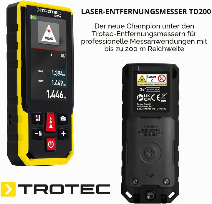 TROTEC Laser-Entfernungsmesser TD200 | Messgerät für professionelle Messanwendungen bis 200 m Reichw