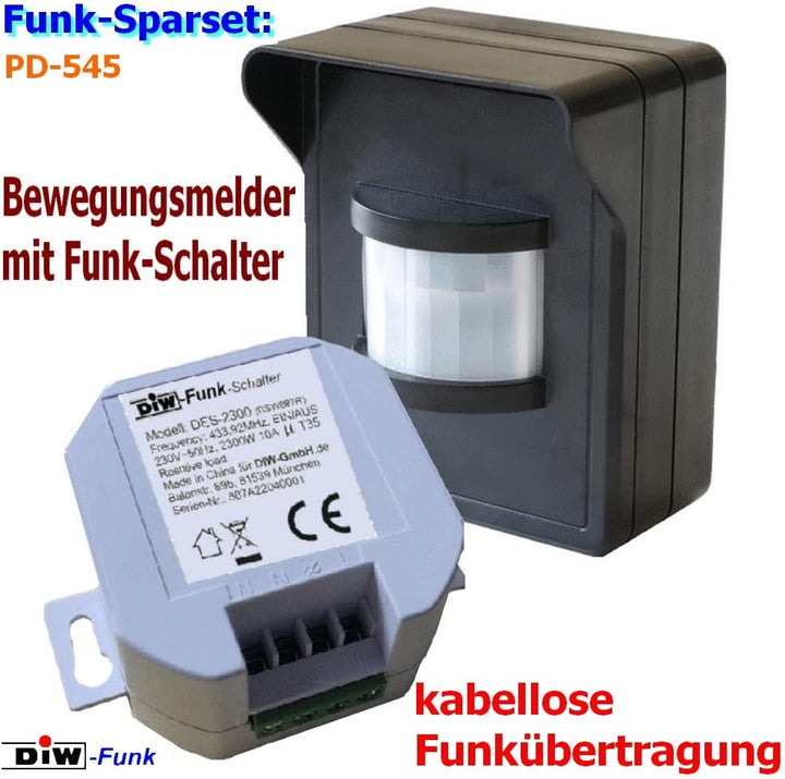 PD-545 DIW-FUNK Funk Bewegungsmelder IP44 im Set mit Funk-Einbau Empfänger 230V Funkschalter Lichtsc