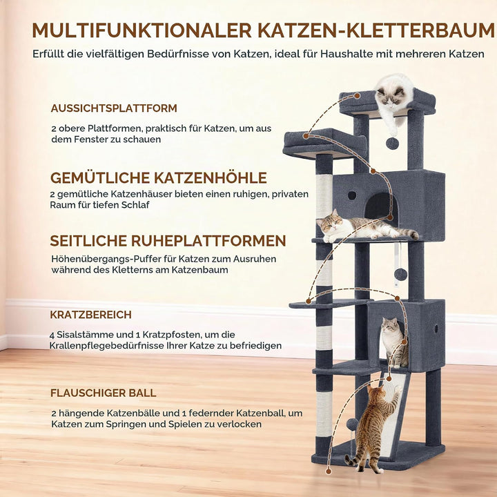 Kratzbaum 178 cm, Katzenbaum Gross, Kratzbaum Grosse Katzen Stabil mit Kratzsäulen, Kratzbrett, 2 Be