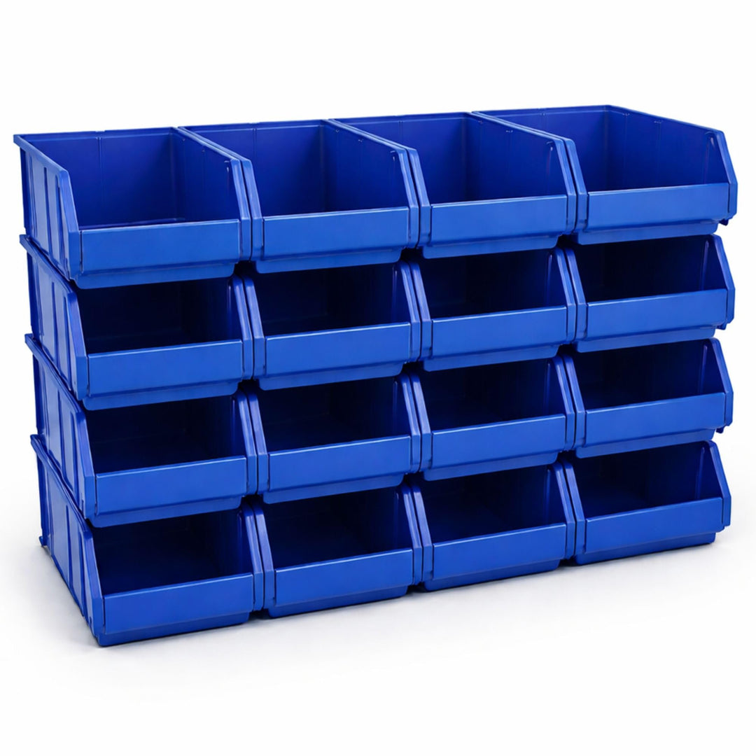 Rodopi 16er Set Stapelboxen, Grösse L | Sichtlagerkästen 335x209x152mm | Robuste Lagerboxen für Werk