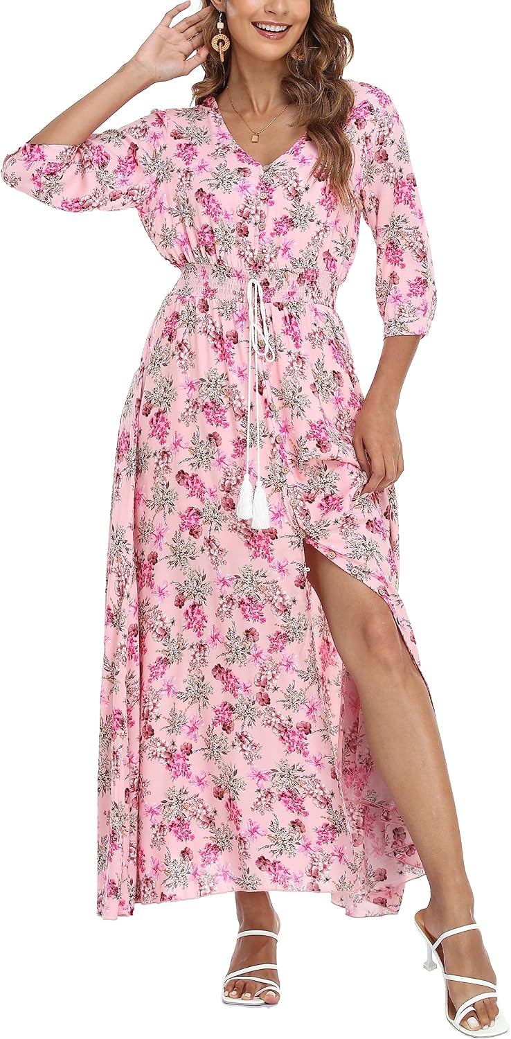 VOGMATE Damen Lange Split Knopf Up Sommer Maxikleid Floral Strandwear Holidy Kleid Hohe Taille mit k