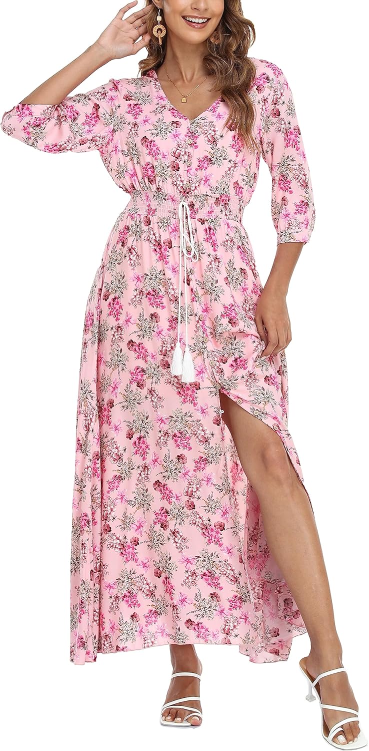VOGMATE Damen Lange Split Knopf Up Sommer Maxikleid Floral Strandwear Holidy Kleid Hohe Taille mit k