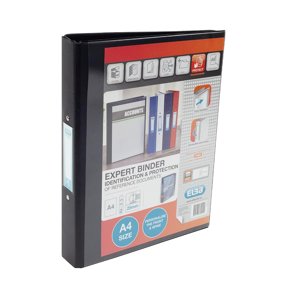 Emgee Ringmappe PVC mit transparenter Fronttasche 2 O-Ringe 25 mm A4 10 Stück schwarz, Schwarz