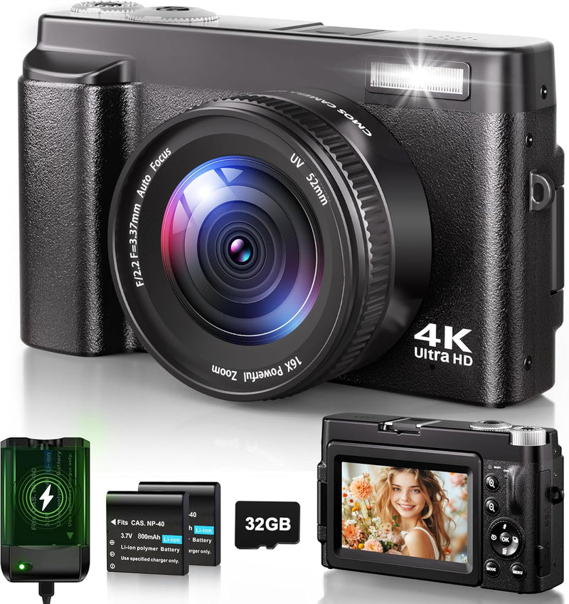 Digitalkamera 4K, 48MP 16X Autofokus Digitalzoom Fotokamera, 3 Zoll 180° Flip LCD Screen HD Kompakte