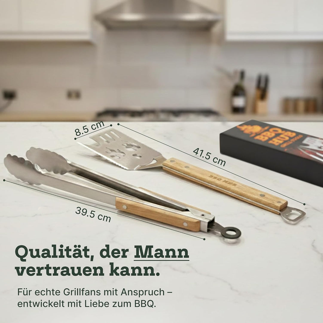 BBQ Hub Grillspachtel/Grillspatel Set 7-in-1 aus Edelstahl mit Holzgriff inkl. Grillzange – multifun