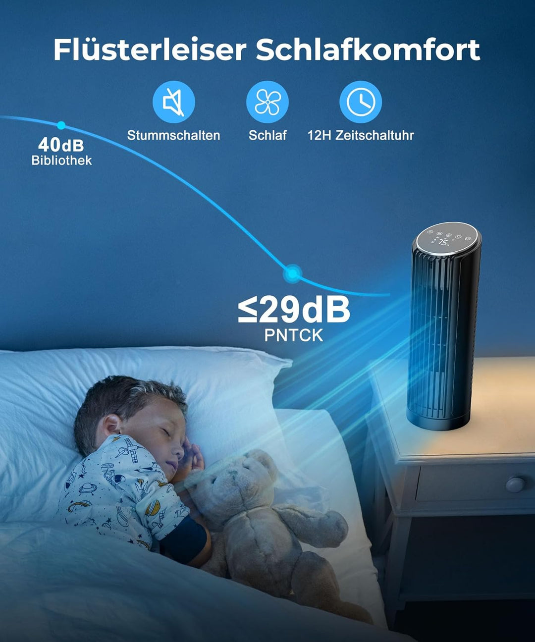 PNTCK Turmventilator mit Fernbedienung, 33cm ventilator leise mit 4 Modi,4 Geschwindigkeiten, 70°Osz