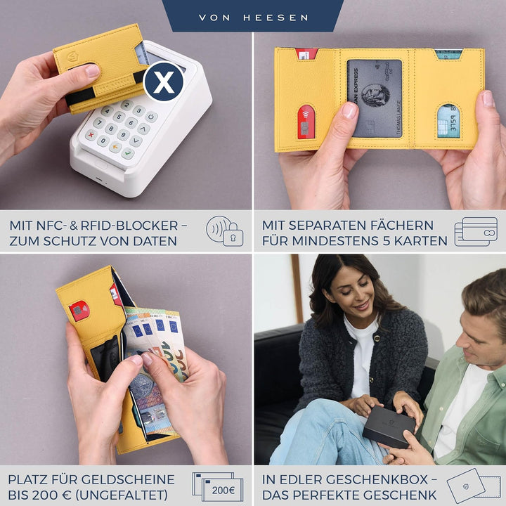 VON HEESEN Slim Wallet mit XL Münzfach & RFID-Schutz - Leder Geldbeutel - Mini Geldbörse für Herren