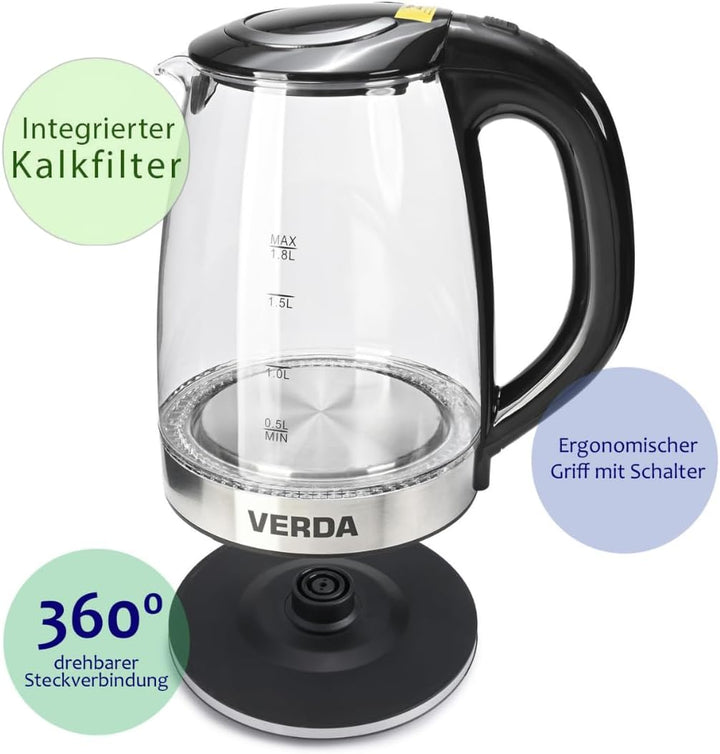 Wasserkocher 1,7L/1,8L (2200W) Edelstahl, LED-Beleuchtung, Kalkfilter, OneTouch-Verschluss, Kabelauf