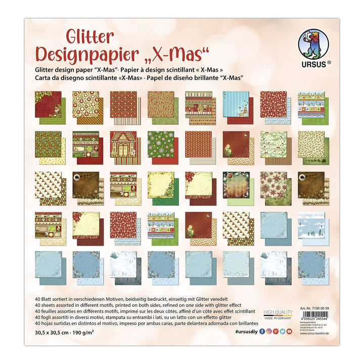 Ursus 71900099 - Glitter Design-Papier "X-Mas", Mix mit 40 Blatt beidseitig bedrucktem Motiv-Papier,