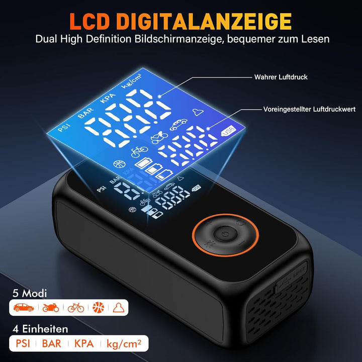 Onherm Elektrische Luftpumpe, 6000mAh Akku Luftpumpe Fahrrad, 150PSI Mini Luftkompressor Fahrradpump