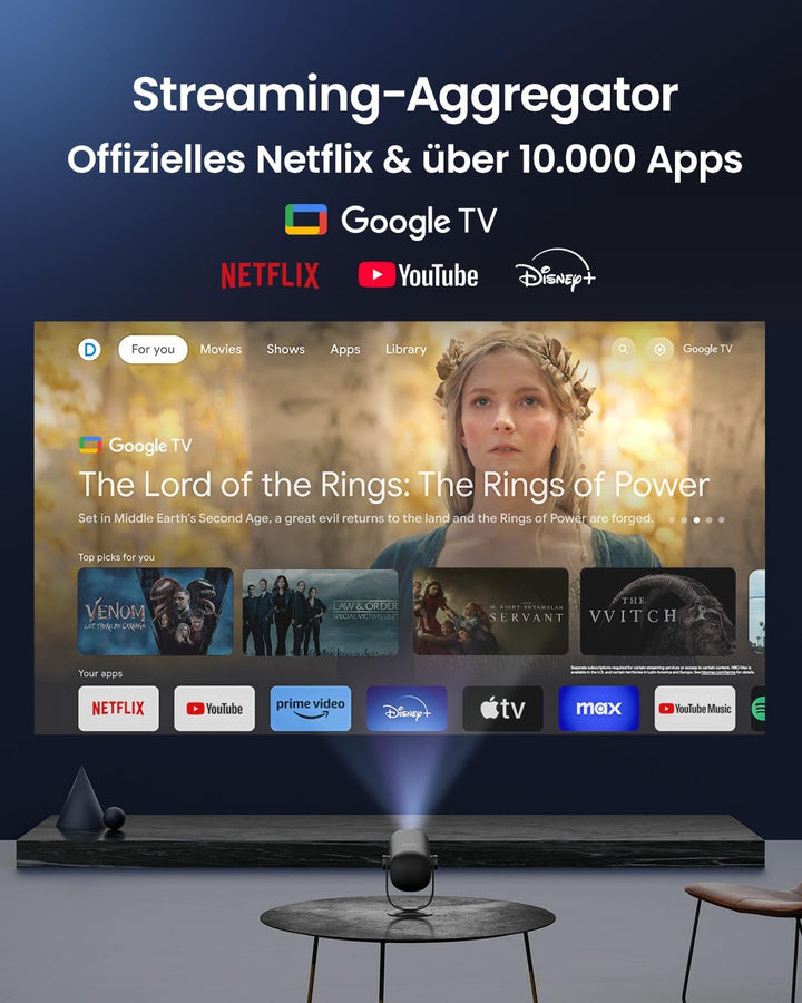 Dangbei Freedo Beamer mit Akku, 450 ISO Lumen, Google TV & Netflix, Dolby Audio, 1080P, HDR10, 165°