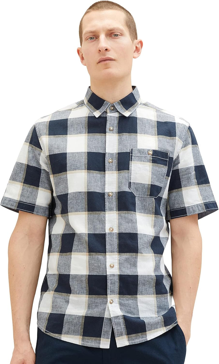 TOM TAILOR Herren Kurzarm-Hemd aus Leinen XXL 31237 - Navy Off White Beige Check, XXL 31237 - Navy O