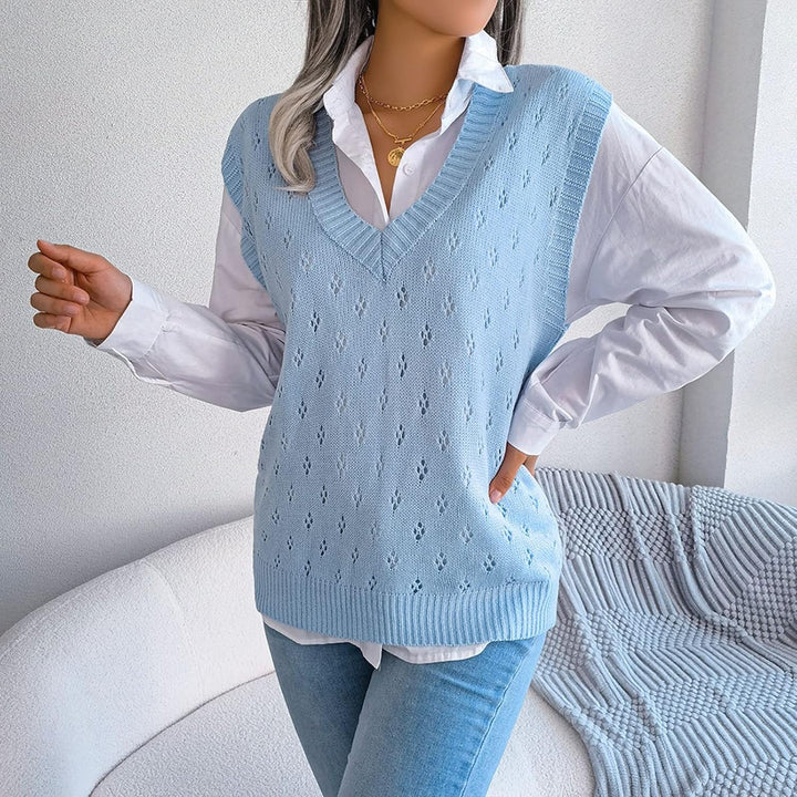 Ärmellose Strickweste für Damen, V-Ausschnitt, College-Pullover, Übergrösse Blau S, Blau S