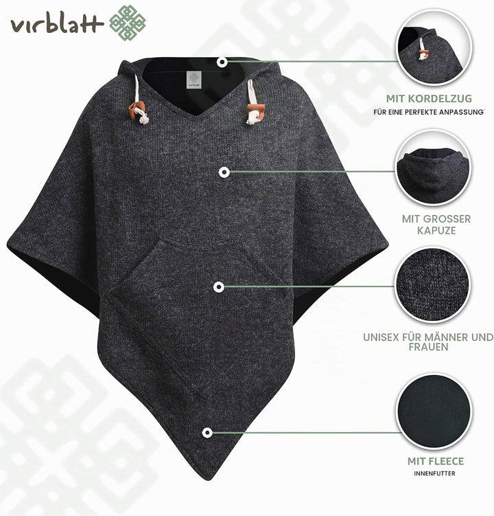 virblatt - Poncho Herren Wolle &amp; Poncho Damen | Wolle &amp;Polarfleece Herren Poncho Winter Fleece warm