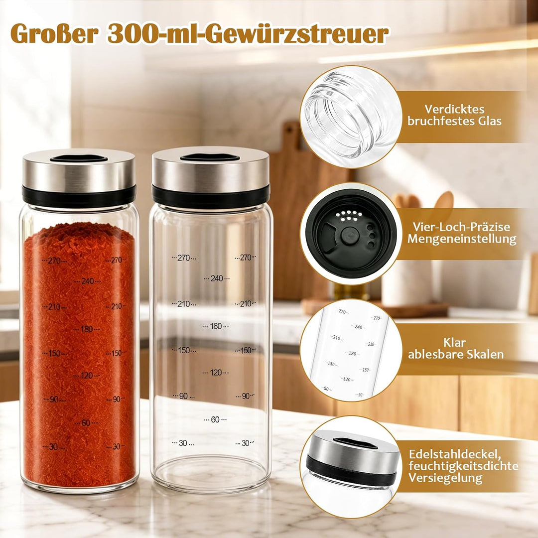 4 Stück Gewürzgläser mit Drehdeckel,300ml,3 Arten von Gewürzlöcher