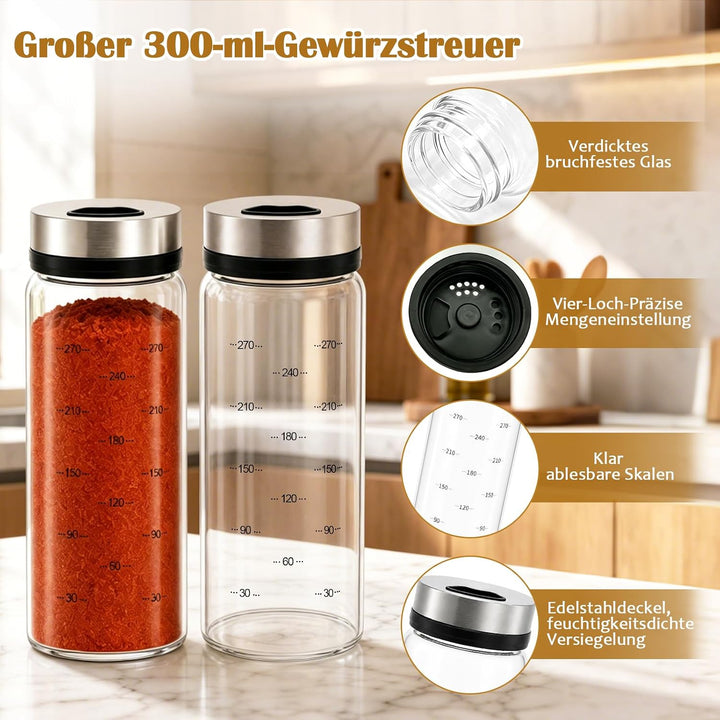 4 Stück Gewürzgläser mit Drehdeckel,300ml,3 Arten von Gewürzlöcher