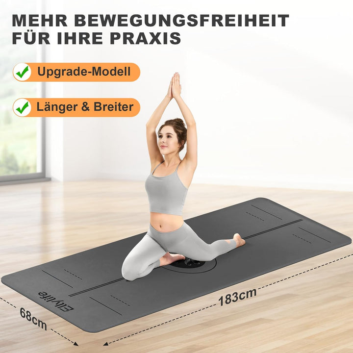 Yogamatte aus ECO Naturkautschuk & Hhautfreundlichem TPE, Extrem Rutschfest, Ausrichtungslinien, Ein