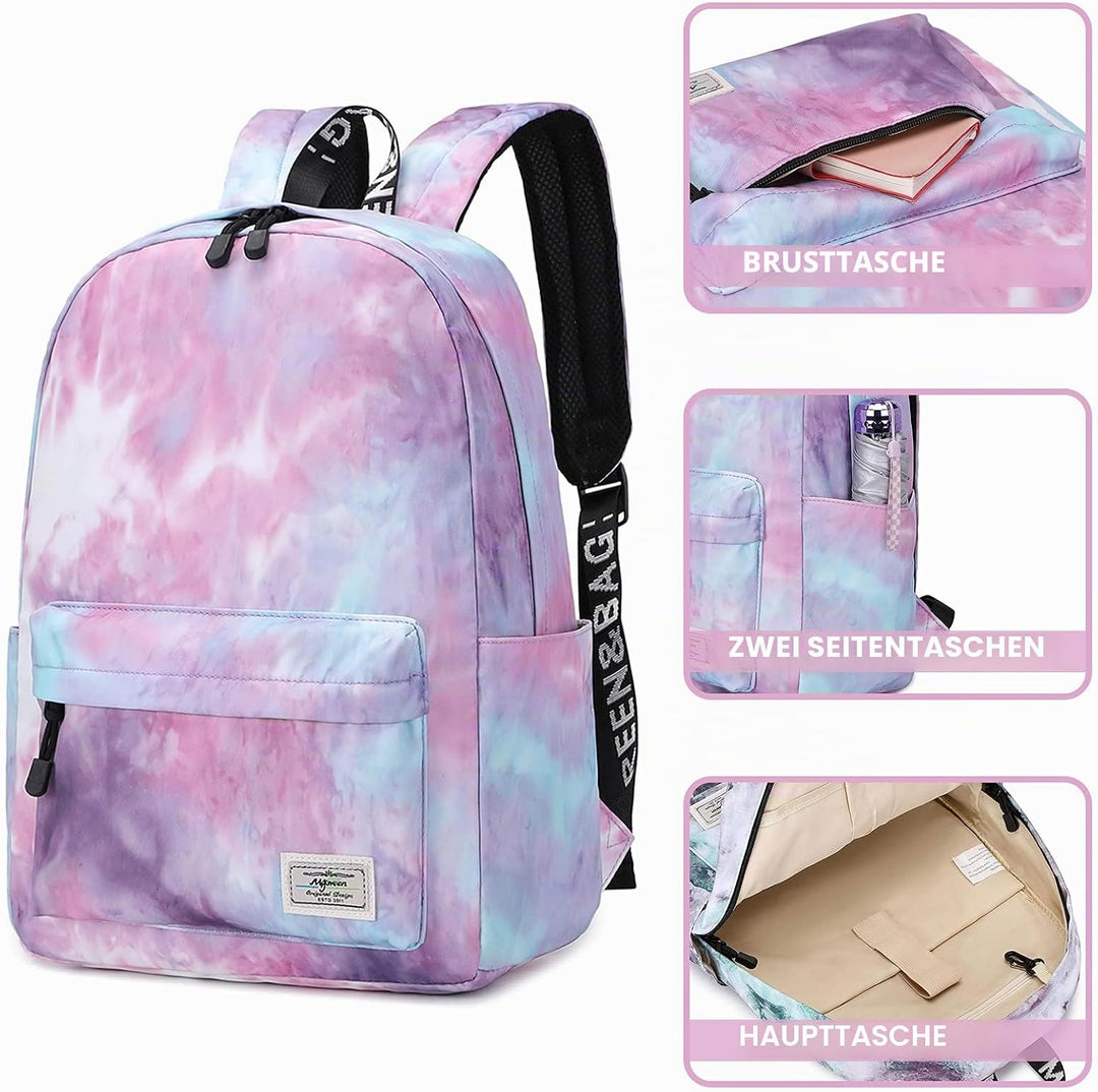 Lohol Leichter Schulrucksack für Mädchen, Kinder-Schulranzen-Rucksack mit Aufdruck (Batiken Lila), B