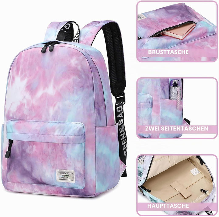Lohol Leichter Schulrucksack für Mädchen, Kinder-Schulranzen-Rucksack mit Aufdruck (Batiken Lila), B