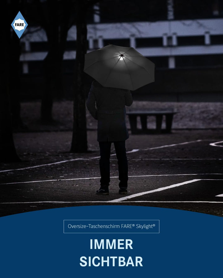 FARE Oversize-Taschenschirm Skylight (schwarz) - Effektvoller Regenschirm mit LED-Innenbeleuchtung u