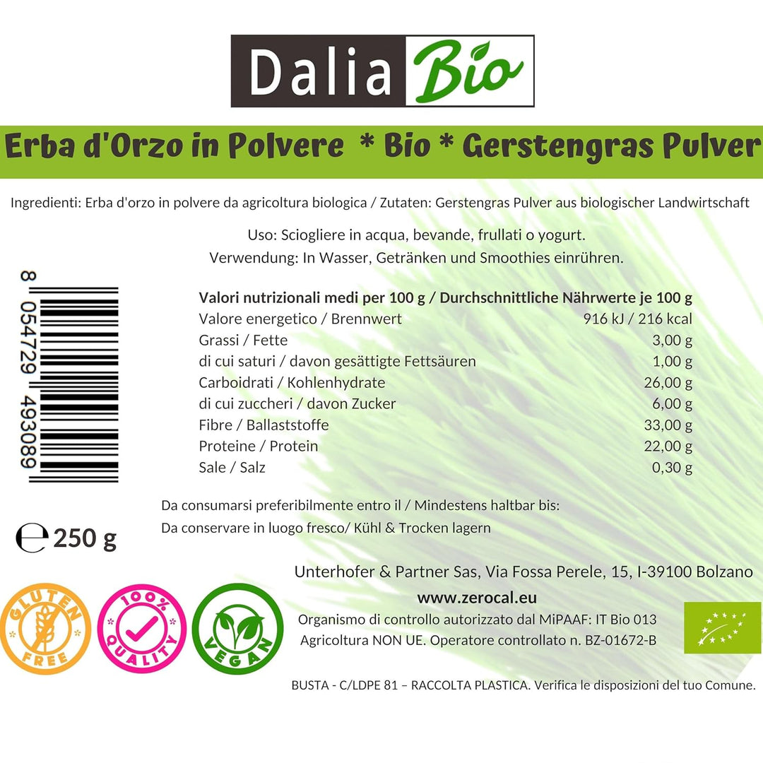 ZeroCal - Dalia Bio Gerstengraspulver | Bioqualität | aus Deutschland, 250 g