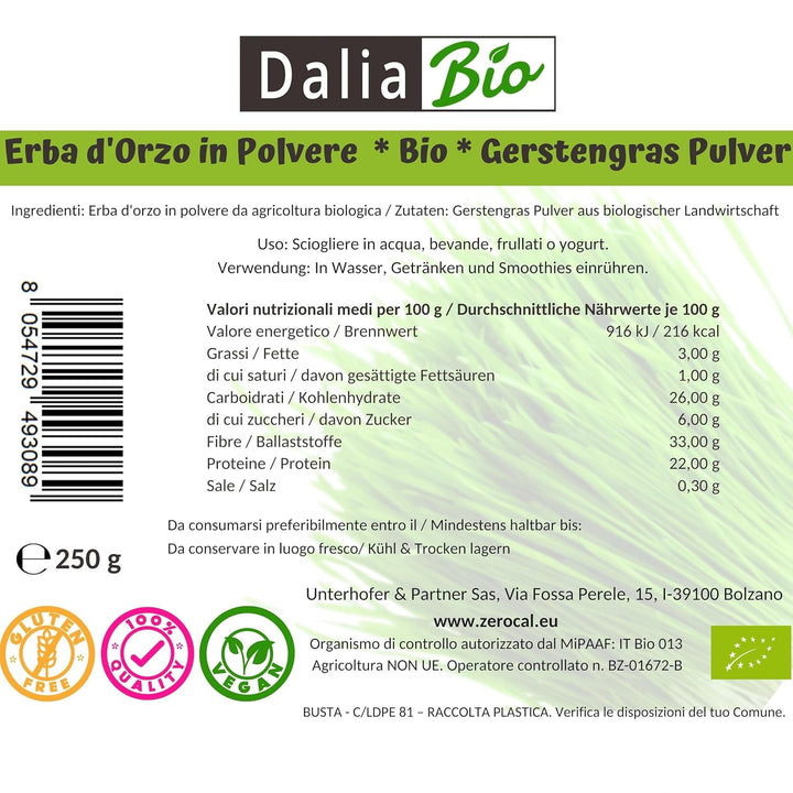 ZeroCal - Dalia Bio Gerstengraspulver | Bioqualität | aus Deutschland, 250 g