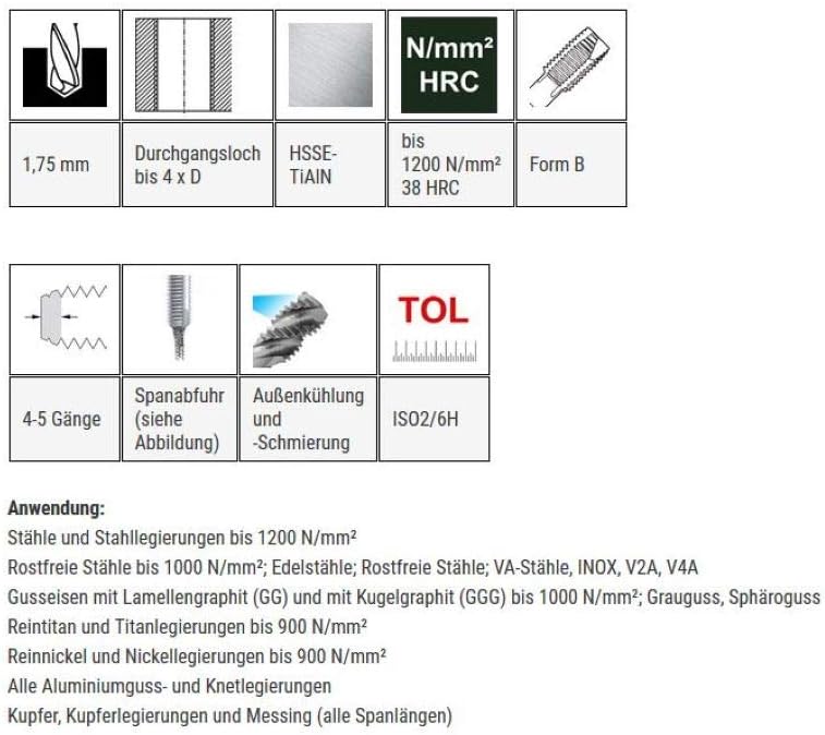 Baer Maschinengewindebohrer UNiTap HSSE TiAIN M2,2 Form B Gewindeschneider - Grösse M 2,2 x 0,45 - D