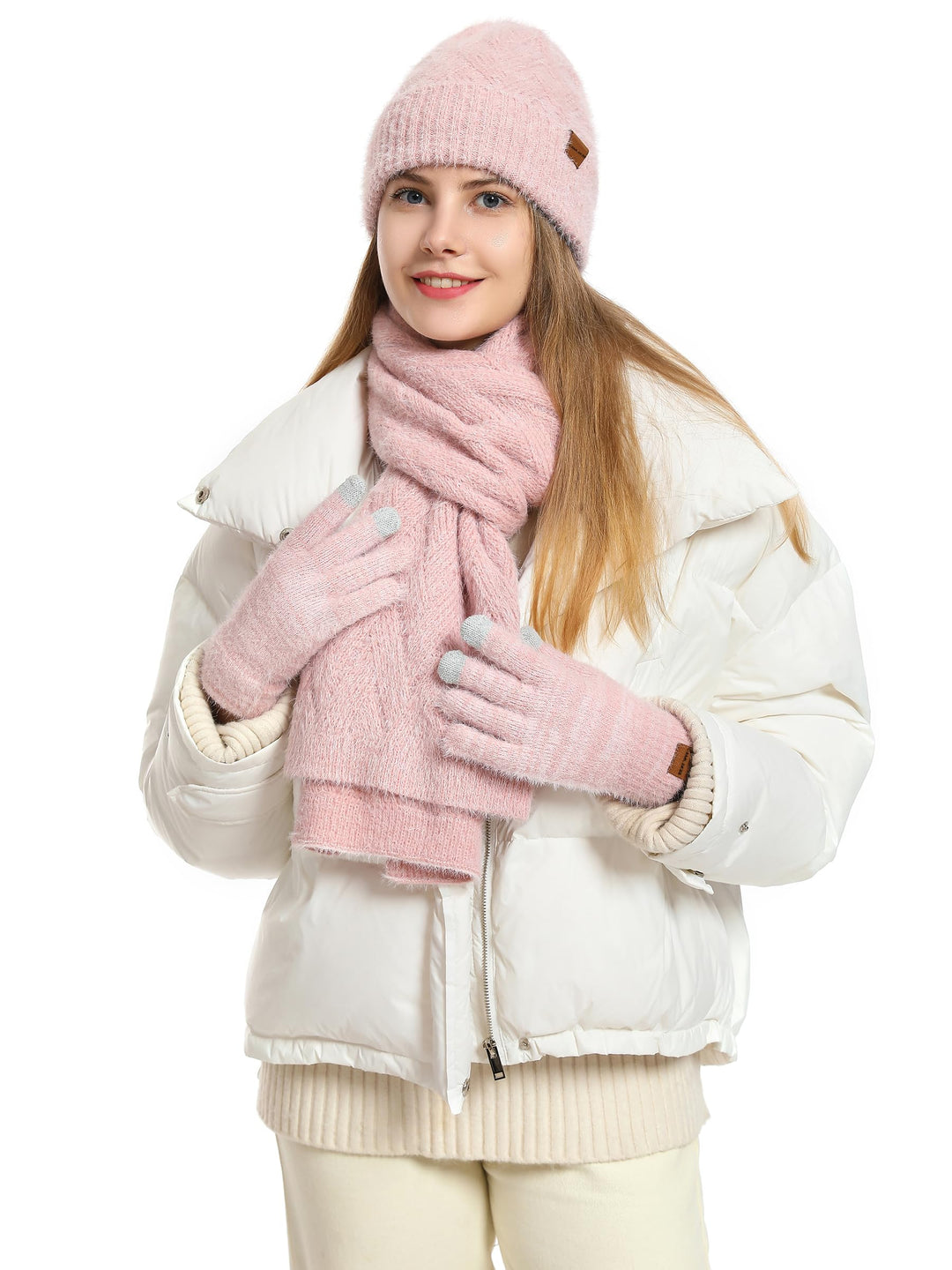 CAMLAKEE Wintermütze Schal Handschuhe Set Damen Strickmütze Handschuh Nackenwärmer Frauen Strickset,