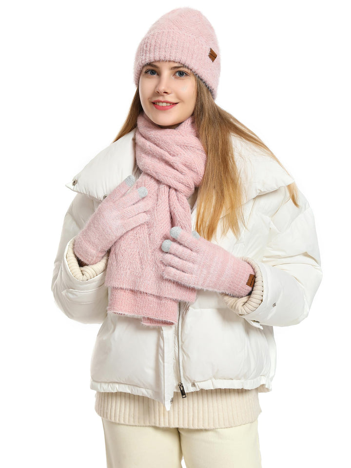 CAMLAKEE Wintermütze Schal Handschuhe Set Damen Strickmütze Handschuh Nackenwärmer Frauen Strickset,